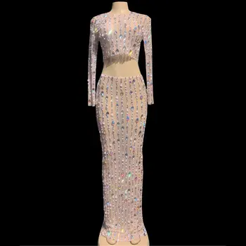 

New Sparkly Rhinestones Pearls Two Pieces Set Crop Top and Long Skirt Women Birthday Celebrate Mesh See Through Prom Party Dress