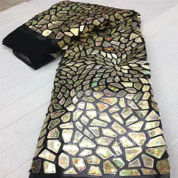 

2020 gold High Quality African big Sequins Lace Fabric nigerian Wedding Party Dress Women French Tulle lace Swiss 5 yards