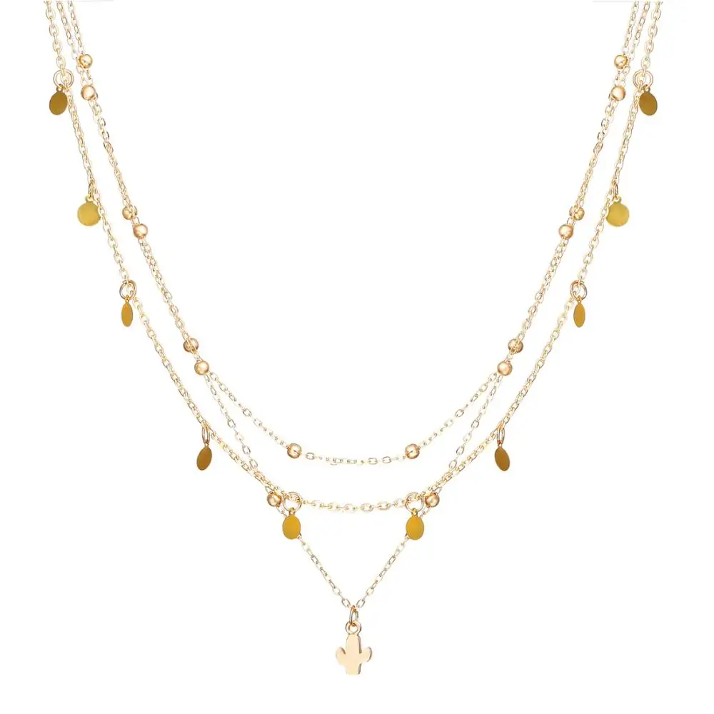 

New Arrival Gold Color Alloy Multilayer Round Cactus Beads Choker Chain Pendant Necklace For Women Jewelry Gifts Girl Trendy