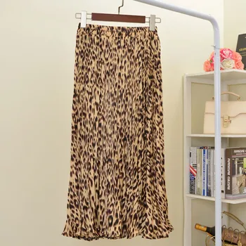 

Spring Elastic Leopard Print Pleated Skirts Women Long Skirt High Waist A-line Loose Casual Female Skirt Streetwear Korean Style