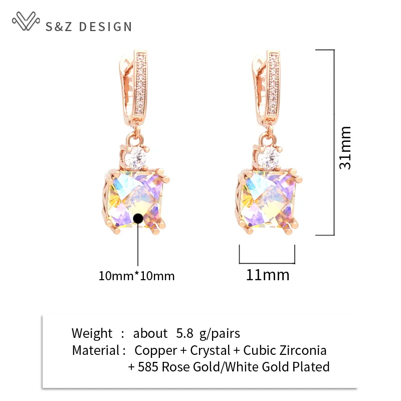 S&Z DESIGN Fashion Elegant Square Crystal Dangle Earrings For Women 585 Rose Gold Color Cubic Zirconia Jewelry Fine Eardrop