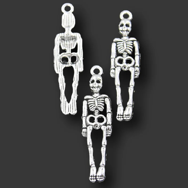 

25pcs Silver Plated Halloween Skeleton Body Skull Pendants DIY Charms Gothic Necklace Earrings Jewelry Crafts Making 38*8mm P583