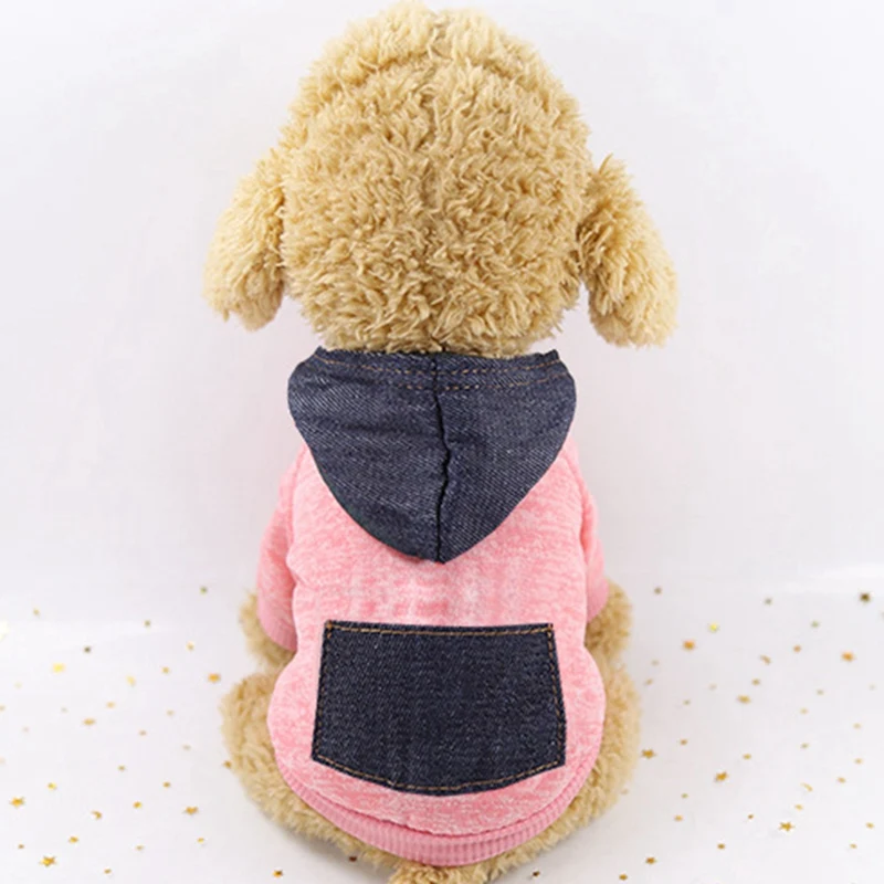 

Pet Dog Patch-Work Sweater Clothes For Small Dogs Winter Warm Coat Fleece Hoodie With Denim Pocket Chihuahua Clothing