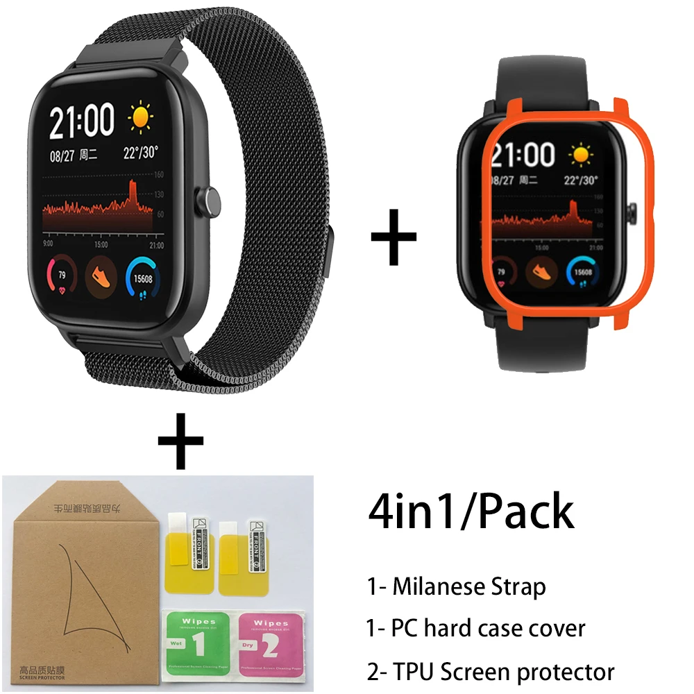 Black-Orange 4в1 для Xiaomi Huami Amazfit GTS Ремешок Браслет из Миланского нержавеющей стали Smartwatch Браслет amazfit gts защитный чехол для экрана - Цвет: Black-Orange