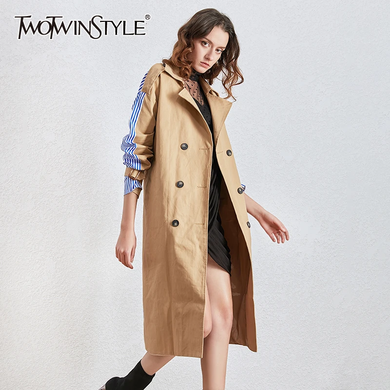 

TWOTWINSTYLE Patchwork Striped Hit Color Women's Windbreaker Lapel Collar Long Sleeve High Waist Bandage Windbreakers Female New