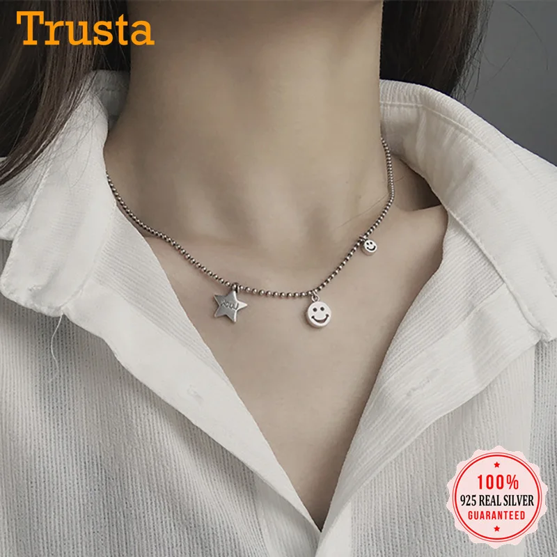 Trusta 925 Sterling Silver Necklace Jewelry Smile Face Lucky Pendant Short Necklace For Danghter Girls Birthday Gift DA473
