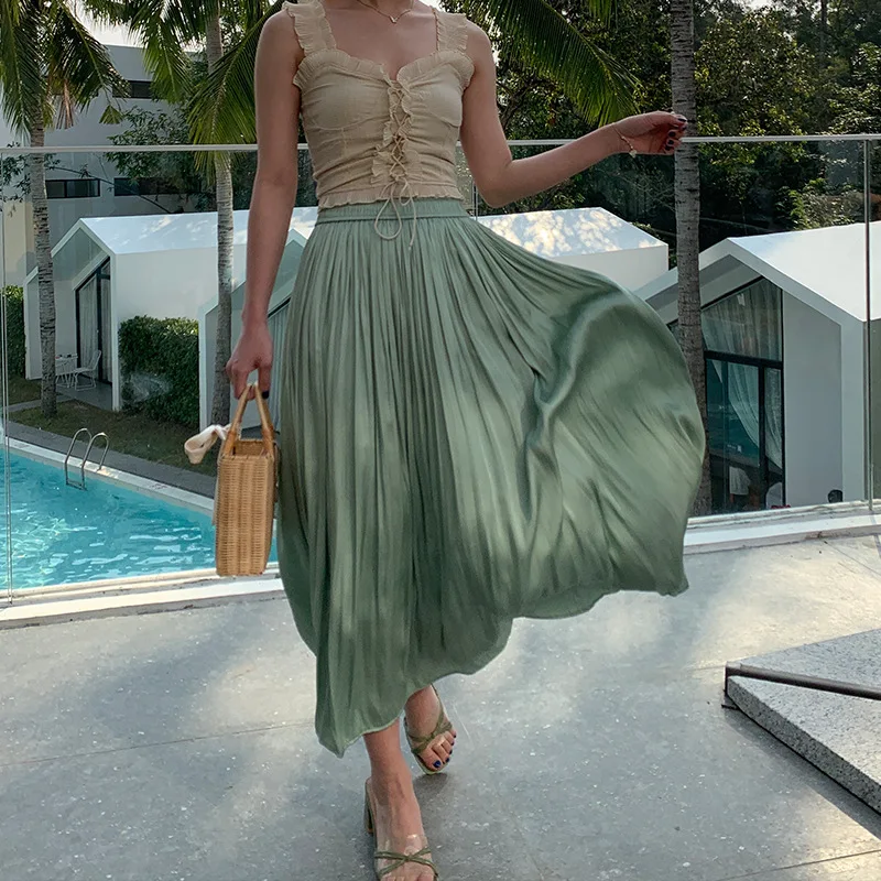 Summer Silky Skirt Elastic High Waist Glossy Silky Long Skirt Sea-Island Filament A-line Skirts Beach Vacation Pearlescent Dress