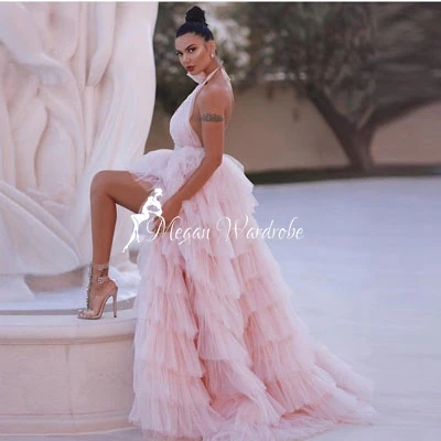 

Sweet Pink Sequined Tiered Ruffled Tulle Women Dress High Slit Halter Backless Long Dresses For Birthday Party Gowns Custom Made