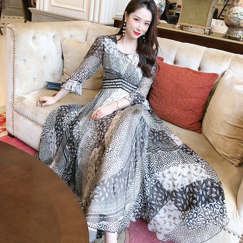 

T2014 Summer Clothing High-End Heavy Silk Persian Mia Wind Geometry Pattern Printing Self-Splicing 100% Silk Dress