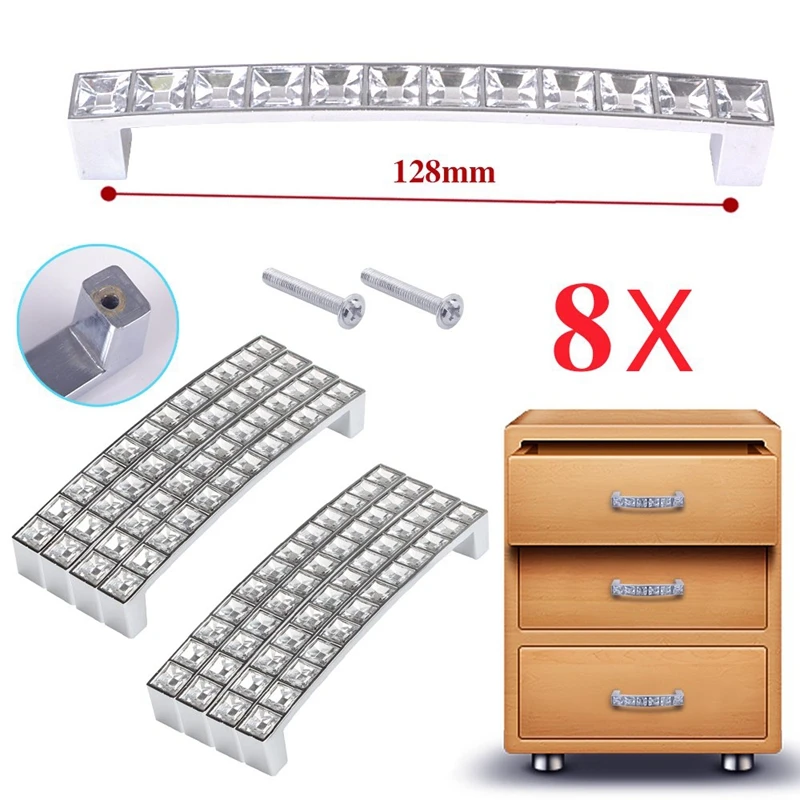 Pack Of 8 Europe Style Square Clear Crystal Rhinestone Furniture Door Wardrobe Cupboard Cabinet Drawer Pull Handle Knobs 128Mm furniture door handle