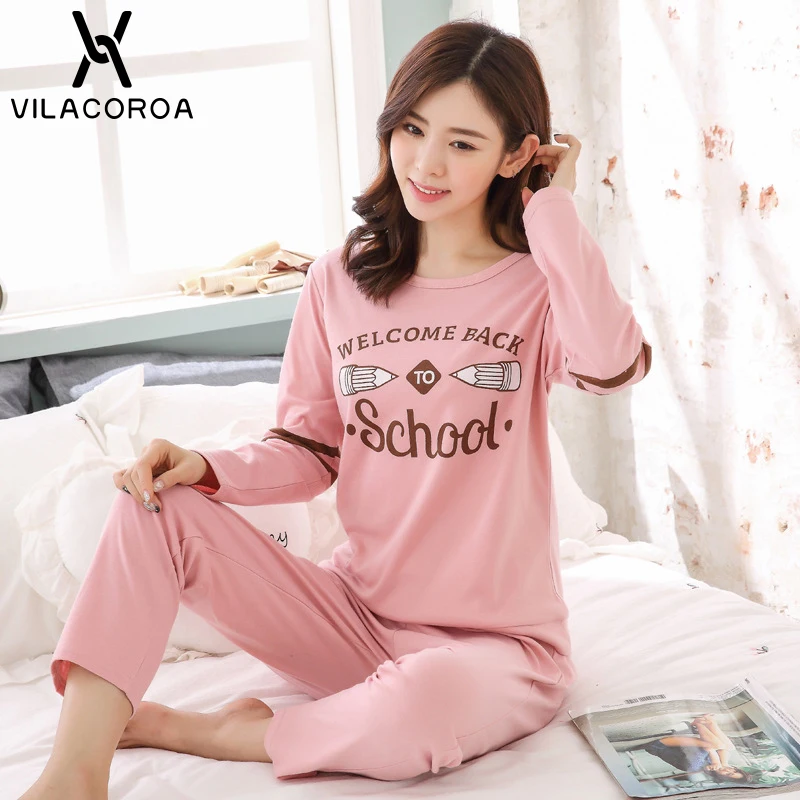 Goedkoop Herfst Winter Katoen Afdrukken Vrouwen Pyjama Ronde Hals Lange Mouw Top Lange Broek Pyjama Set Vrouw Nachtkleding Meisjes Pyjama vrouwen