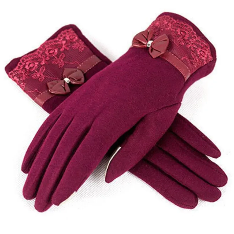 New Bow Wine red YRRETY, женские кашемировые перчатки для улицы, Осень-зима, женские теплые перевернутые рукавицы, хлопковые перчатки на запястье, однотонные женские шерстяные перчатки - Цвет: New Bow Wine red