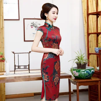 

Vintage Short Ladies Printed Chinese Traditional Slim Qipao Classic Mandarin Collar Stage Show Elegant Female Cheongsam M-4XL