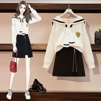 

2020 Winter Suits Loose White Sweet Knit Navy School Sweater Top Mini Black Skirt Casual Two Piece Suit Dress