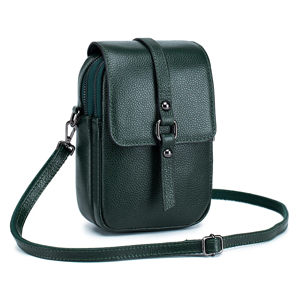 Women's Genuine Leather Small Shoulder Bag - Cute Crossbody Messenger with Double Zipper Pockets