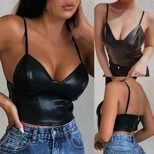 Новинка, сексуальные кожаные топы, женские летние топы без косточек, топы без косточек с открытой спиной, майка на бретелях, v-образный вырез, жилет, пуш-ап Топы