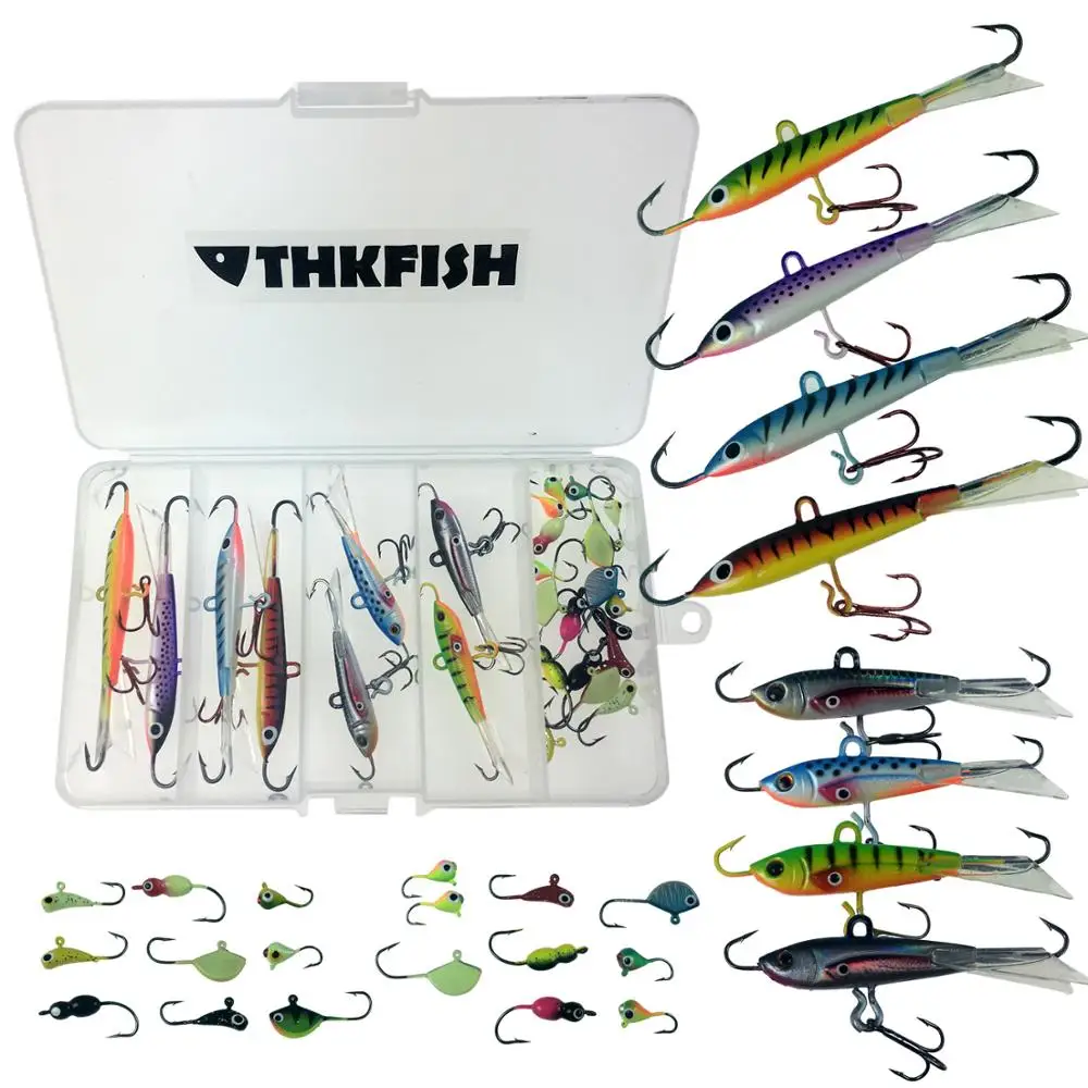 

Thkfish 26pcs Ice Fishing Lure Hooks 1.1g-18g Assorted Ice Fishing Jigs Walleye Winter Fishing Hooks ice Box Set