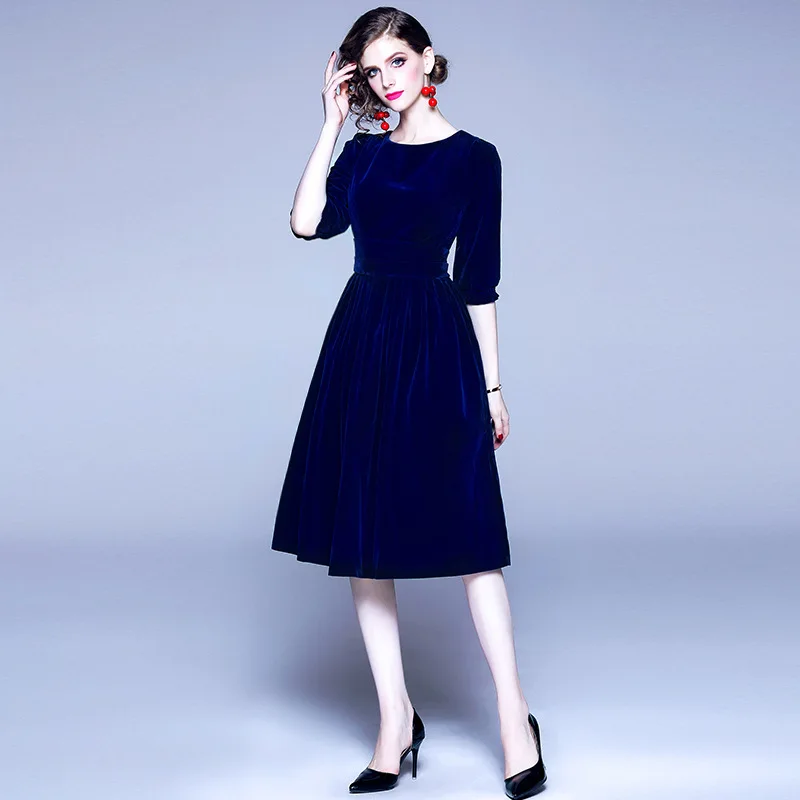 

Europe And America WOMEN'S Dress 2019 Horizontal Neck Mid-length Pleated Skirt Slim Fit Waist Hugging Gold Velvet Dress A- line