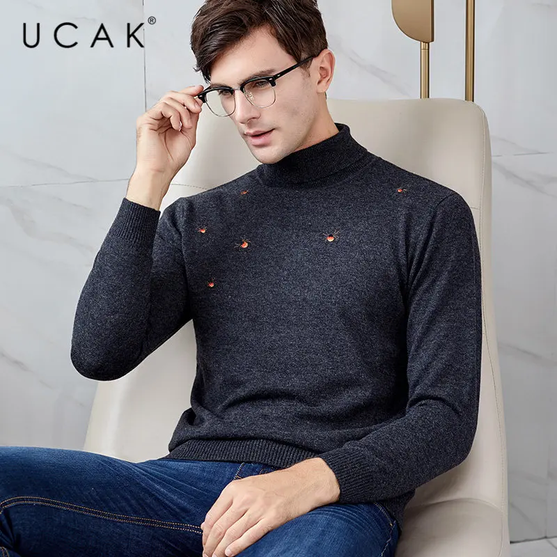 UCAK Brand Merino Wool Sweater Men Autumn Winter Warm Turtleneck Cashmere Pullover Men Streetwear Fashion Young Pull Homme U3049
