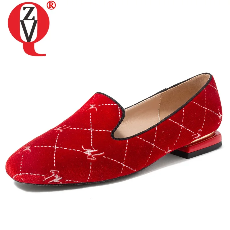 

ZVQ office casual loafers red green black flock square toe women's flats shoes autumn spring sheepskin leather Boat shoes