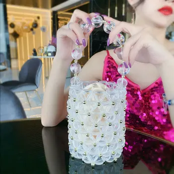 

Acrylic Pearls Bag Beaded Transparent Bucket Totes Women Flower Evening Party Handbag Luxury Brand Wholesale