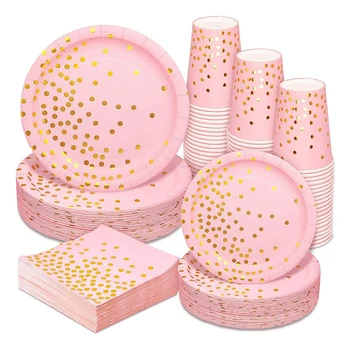 

200 Pcs Of Pink Paper Plate Disposable Tableware Set Golden Dot Dinner/Dessert Plate Cup Cocktail Napkin for Birthday