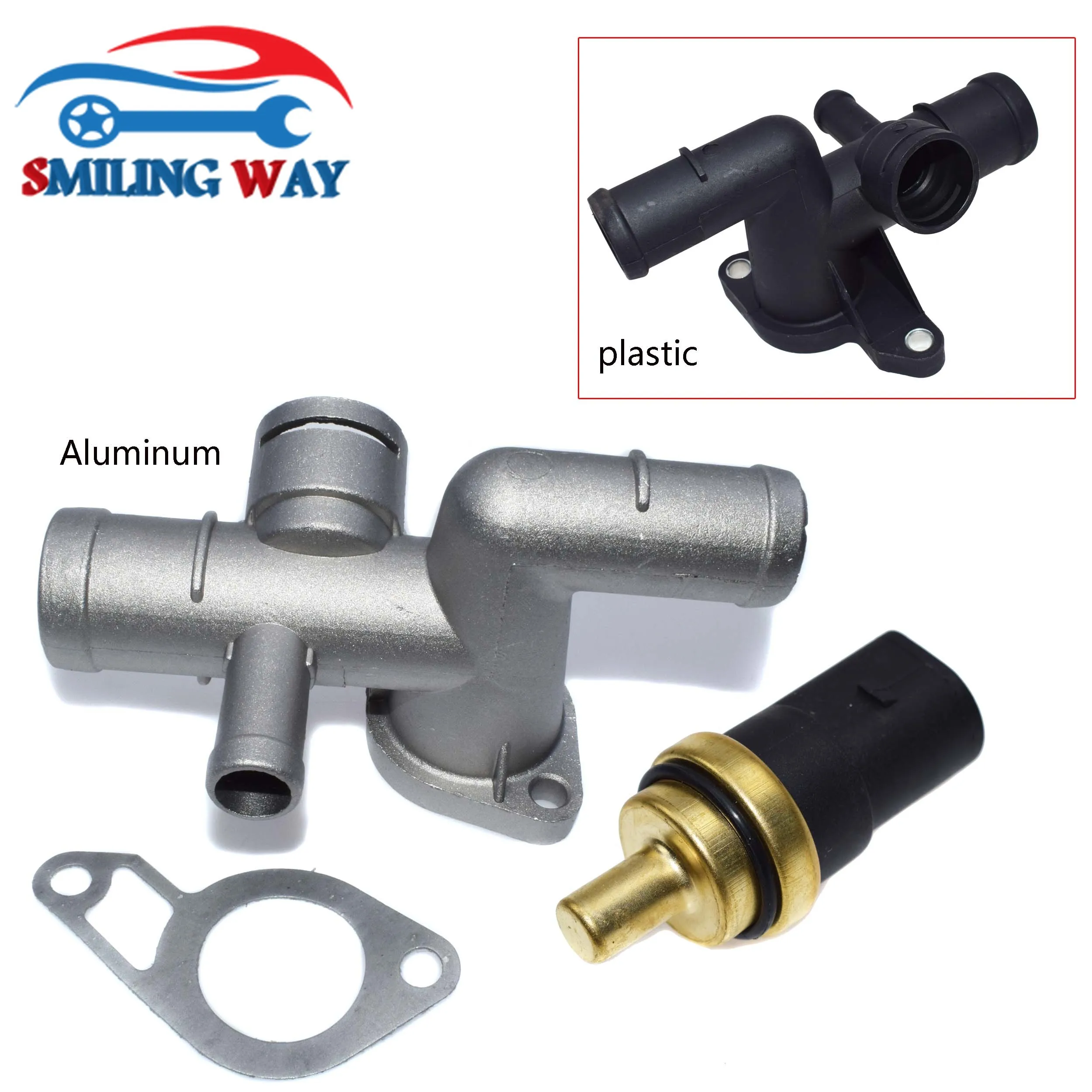 Radiator Water Coolant Cast Flange & Temperature Sensor Kit For Vw Golf