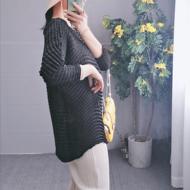 MIYAKE Fold/дизайнерская Осенняя однотонная нестандартная футболка большого размера с длинными рукавами