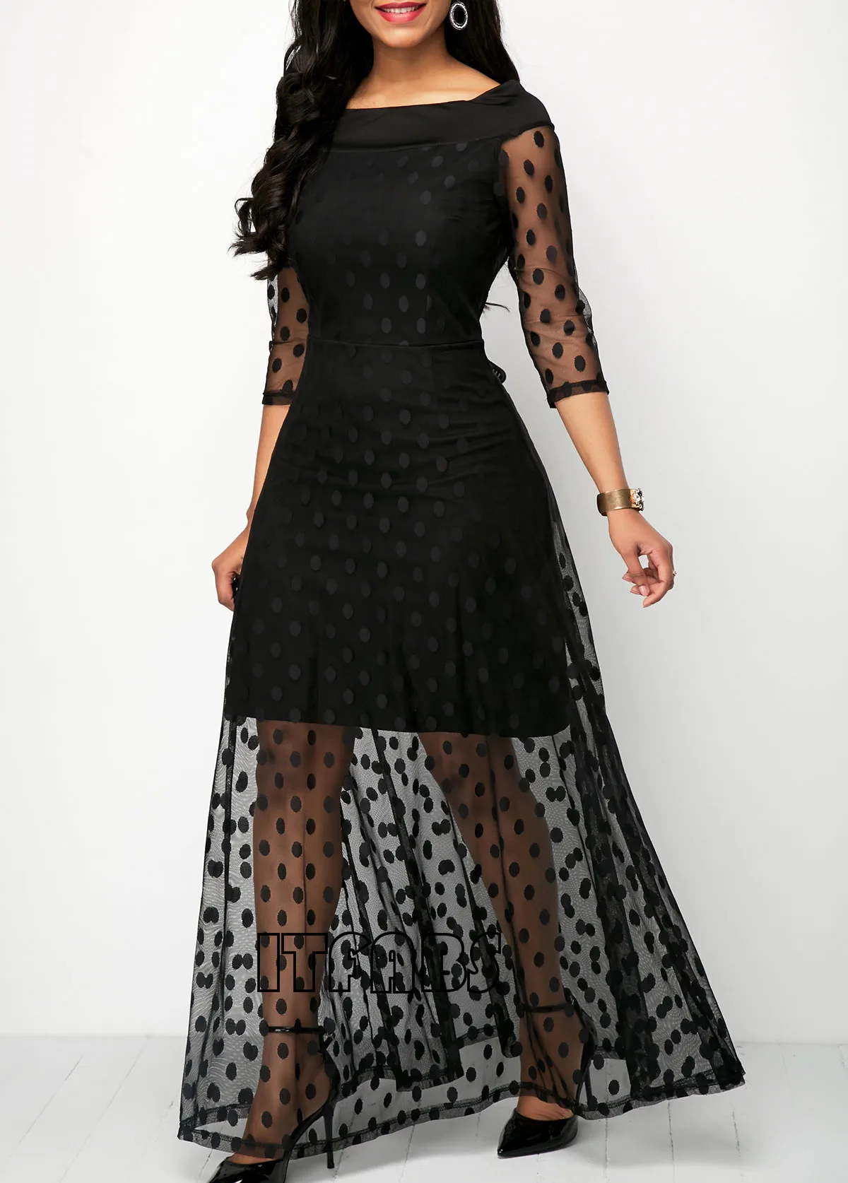 Vestidos, летнее женское платье, узор в горошек, кружевное платье макси для женщин, элегантное женское платье, черное, плюс размер, вечернее платье