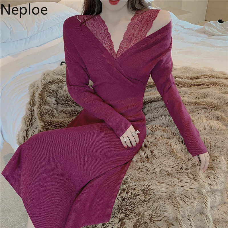 Neploe кружевное лоскутное женское платье одноцветное v образный вырез длинный