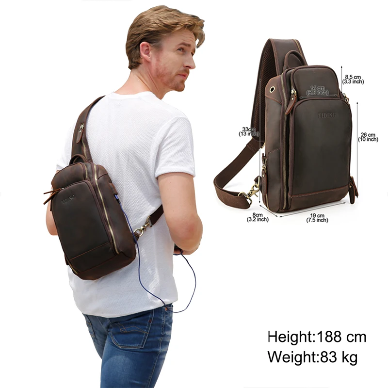 Мужской винтажный рюкзак Tiding из натуральной кожи на плечо, крутая нагрудная Сумка-слинг, широкий открытый карман с usb зарядным портом