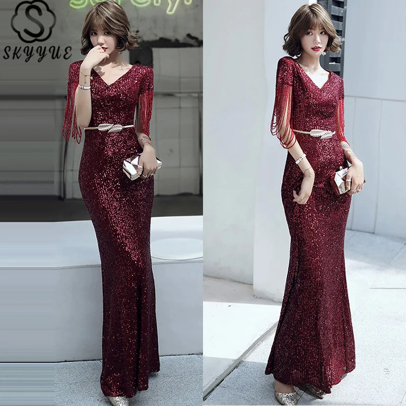 

Skyyue Mermaid Evening Gown Burgundy Plus Size Short Sleeve Robe De Soiree K033 Sequined V-Neck Long Dress Woman Party