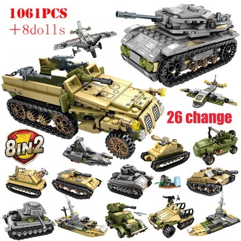 

1061PCS 8 in 2 Military Technic Tank Plane Building Blocks WW2 Army Weapon City Bricks Educational Toys For Children Boys Gifts