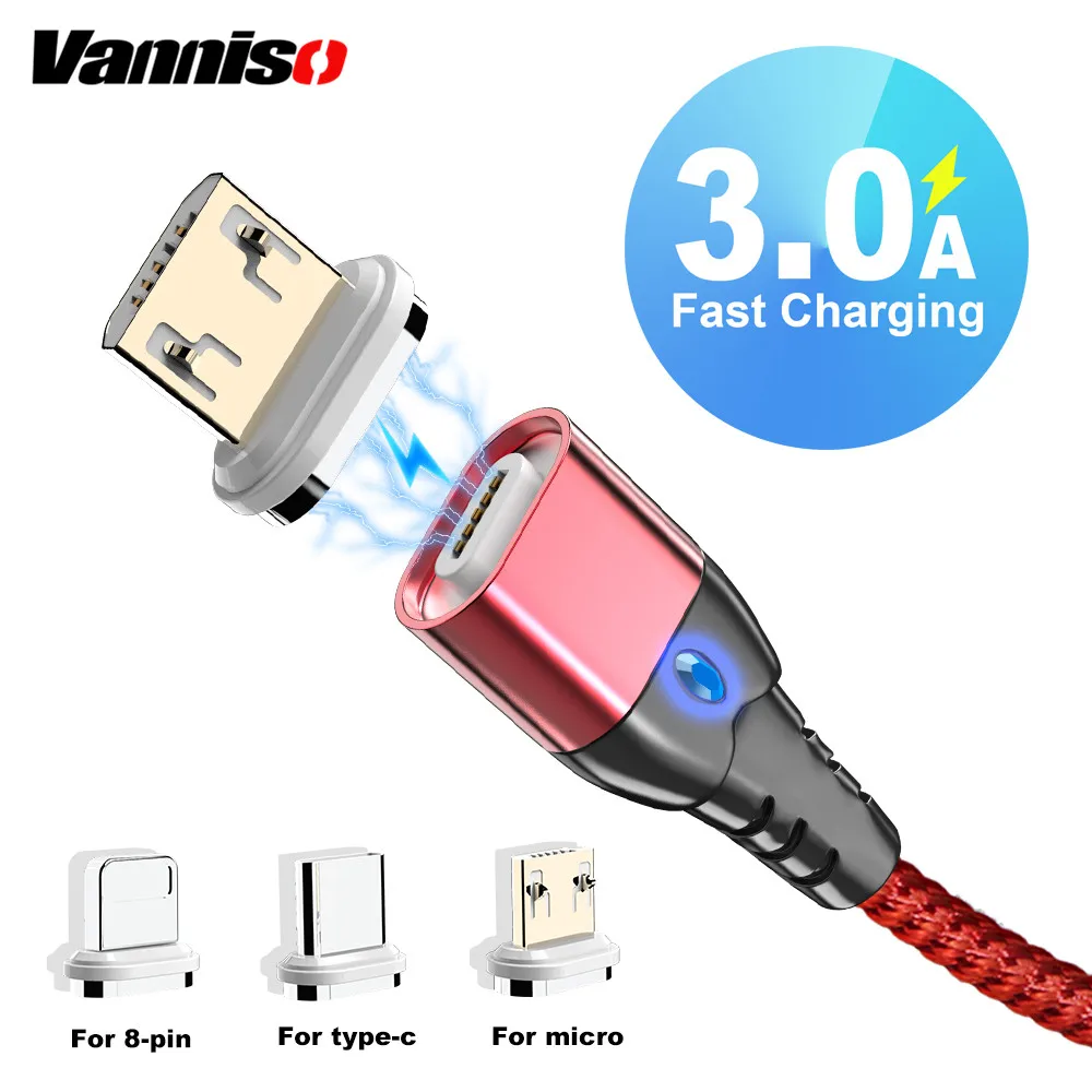 Магнитный Micro usb кабель Vanniso 3A быстрая зарядка для iphone XS XR смартфона USB type c Samsung s10 s8