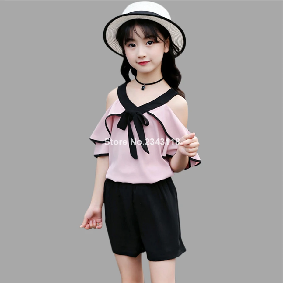 

Girls Off Shoulder Clothing Set Summer Girls Suit Holiday Kid Girls Costume Shirt+shorts 2 Pcs Teen Children's Clothing 4 6 12