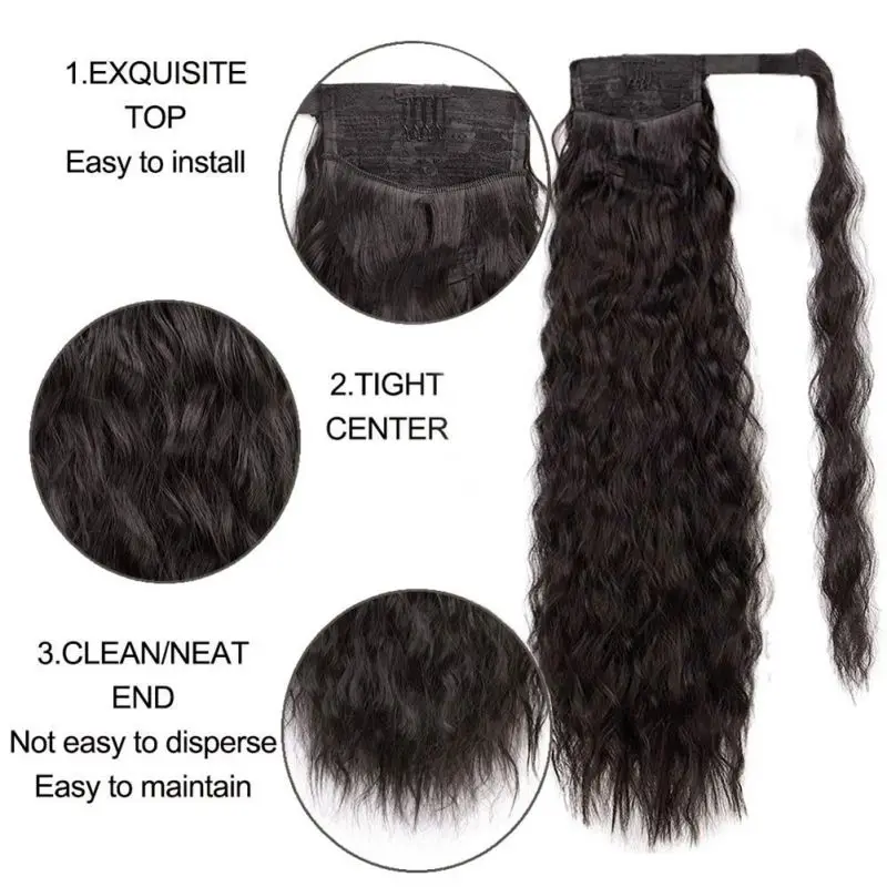 24" Curly Wavy Wrap Around Clip In Braid Hair Extension Heat Resistant Synthetic Natural Wave Pony Tail Fake Hair Wig Styling