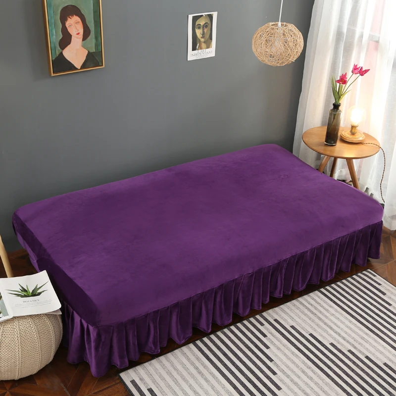 Elastic Plush Fabric Armless Sofa Bed Cover Purple Solid Color Slipcover Stretch Cover Cheap Couch Protector Elastic Bench Cover