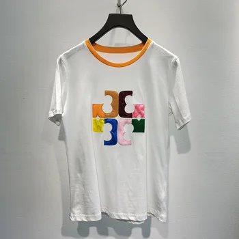 

2020 spring and summer new patch embroidery beautiful contrast color short-sleeved cotton T-shirt tops women's tide