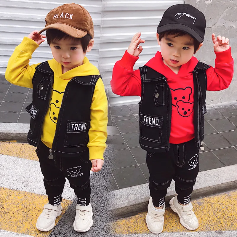 

BOY'S Spring Hooded Set 2019 Korean-style Medium-small BOY'S Bear Children Waistcoat Three-piece Set Male Baby Spring Clothing