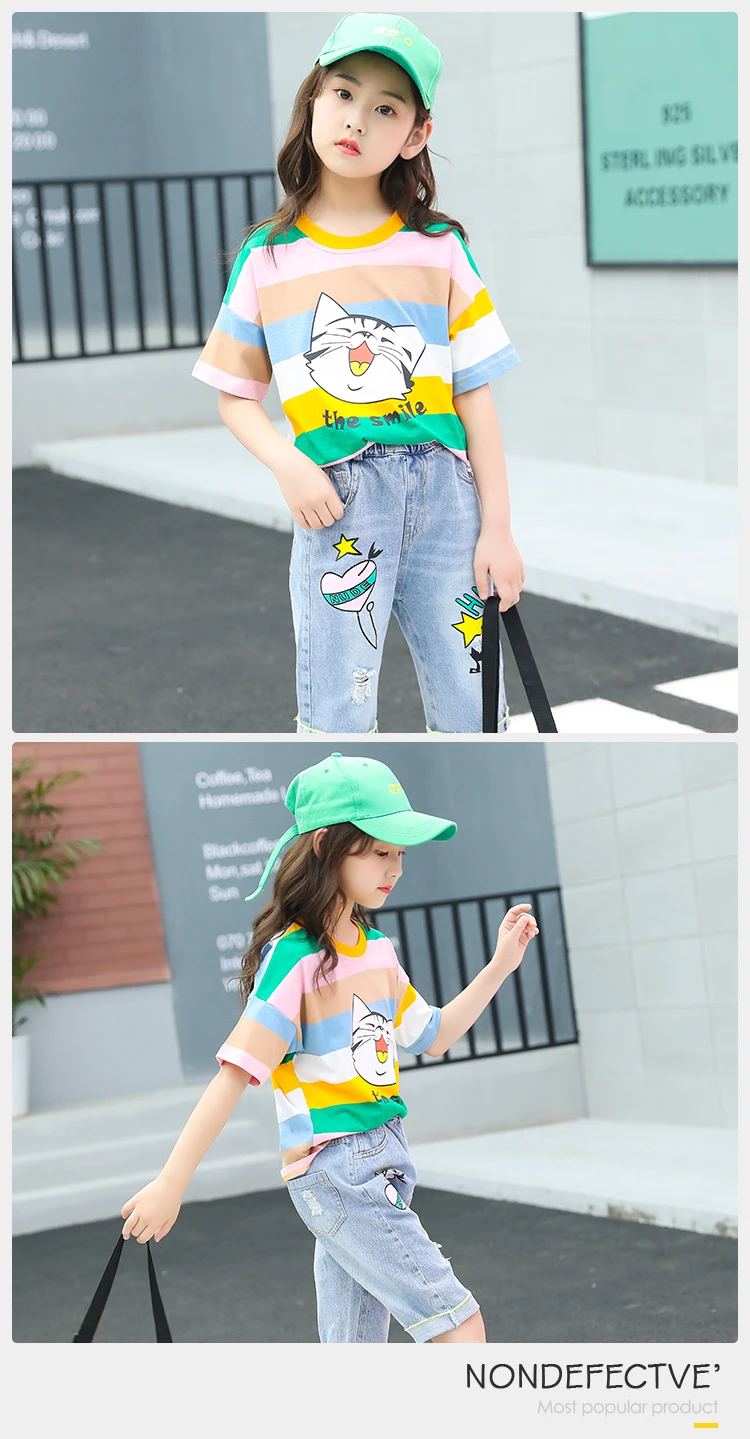 Girls Rainbow Striped T-shirt Summer Outfit Girl Clothes Jeans Shorts Kids Girls 2 Piece Clothing Set