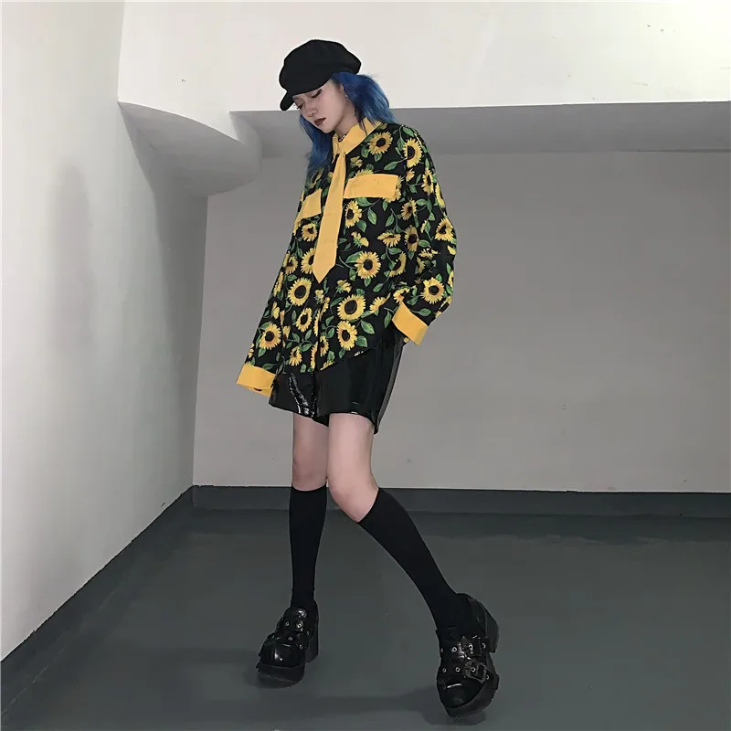 Neploe Harajuku уличная блузка рубашка с принтом подсолнухов с длинным рукавом повседневные блузы корейские женские топы большого размера с галстуком 55895