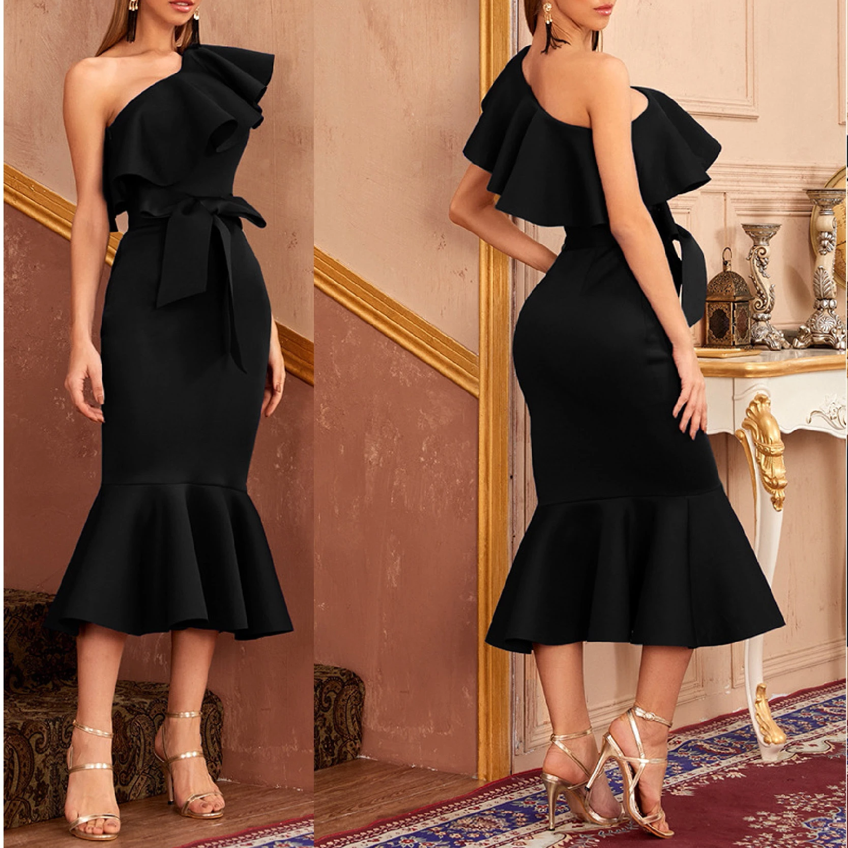 Vestido Sexy ajustado para mujer, falda por debajo de la rodilla, hombro oblicuo, con volantes, graduaciones de Estilo Sirena|Vestidos| - AliExpress