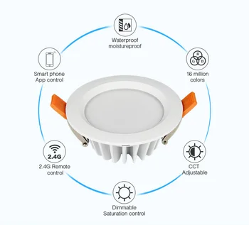 

Free shipping FUT063 6W RGB+CCT Waterproof LED Downlight AC100~240V IP65 Waterproof 2.4GHz remote/smartphone APP control