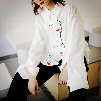 

New Tide Simple Casual Chic Embroider Women Shirts Autumn Winter Turn Down Collar White Shirts Female Blouses Women Tops SL298