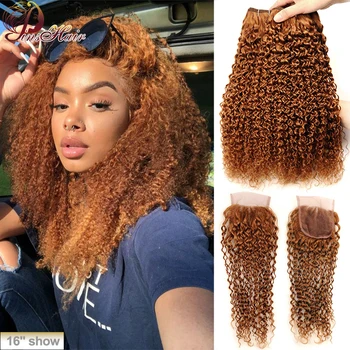 

Pinshair Blonde Color 30 Kinky Curly Bundles With Closure Human Hair Bundles With Closure Brazilian Hair Weave Bundles Remy