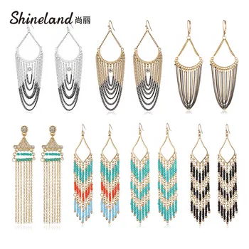 

Shineland Cheap High Quanlity Long Link Chain Tassel Beads Drop Dangle Earrings Bohemian Ethnic Vintage Brincos for Women Gift