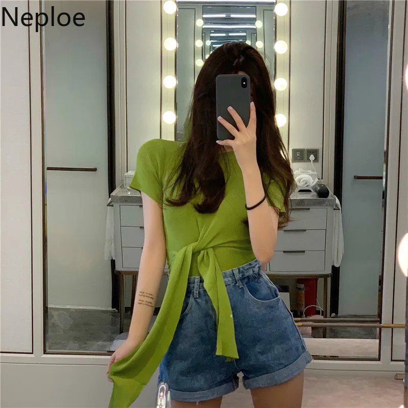 Женские футболки с завязками Neploe летние однотонные круглым вырезом и коротким