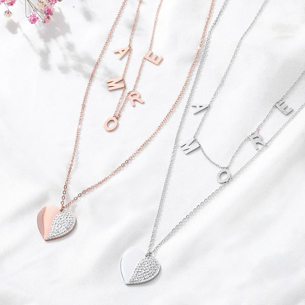 AMORE Letter Heart Pendant Necklace Clear Crystal Stainless Steel Double Layer Chain For Women Trendy Jewelry Collier | Украшения и