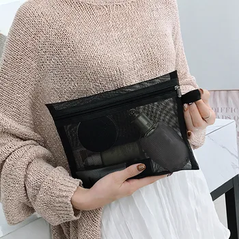 

Transparent Grid Multifunctional Makeup Cosmetic Bag Travel Zipper Portable Storage Bag Cosmetics Black Fashion