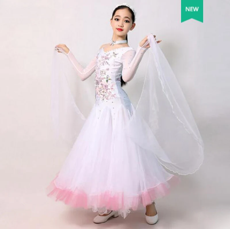 Детское Белое Бальное Платье для танцев; элегантное платье с длинными рукавами для соревнований по вальсу; Танцевальная юбка для девочек; стандартное классическое танцевальное платье